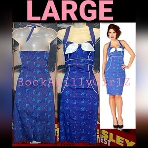 VooDoo Vixen Marcia 50's Vintage Blue Floral Pinup Pencil Halter Dress White Bow